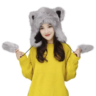 Fox Fur Earmuff Winter Hats for Women Girls Thermal Fluffy Furry Fur Ear Warmers Earflap Outdoor Running Motorcycling Snow Skiing Cap Insulated Cold Weather Headbands Party Costume Gift (Grey)