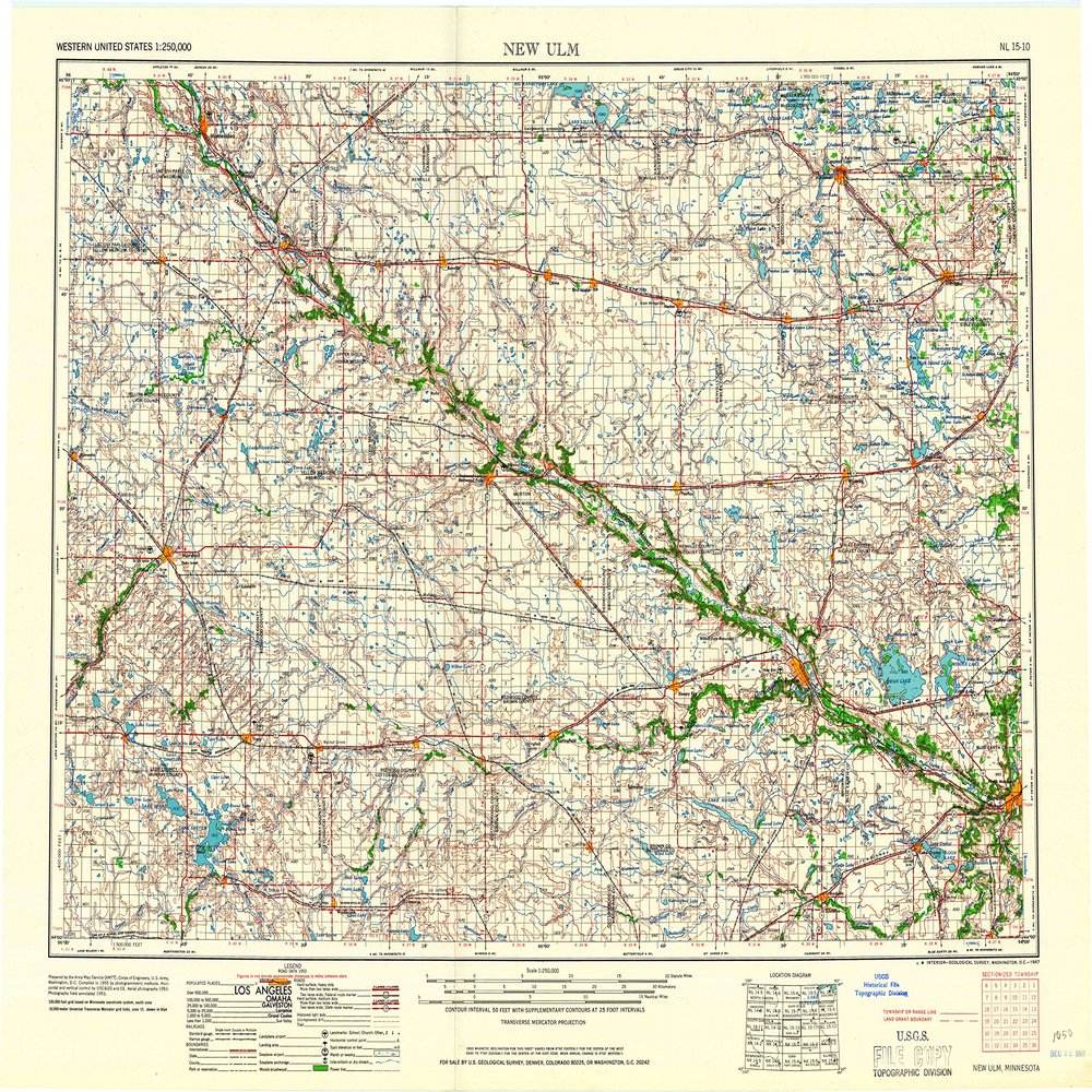 YellowMaps New ULM MN topo map, 1:250000 Scale, 1 X 2 Degree, Historical, 1967, 22.2 x 28.7 in - Tyvek