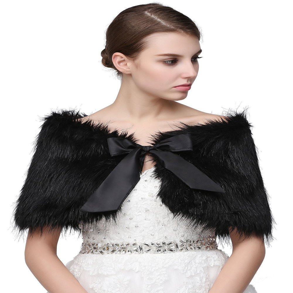 Sarahbridal Women's Faux Fur Wrap Cape Shawl Wedding Dresses and Ladies Party Black