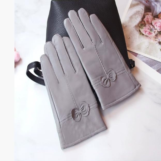Ealafee Wrist Length Grey Glove for Driving Winter Real Leather Gloves for Adult