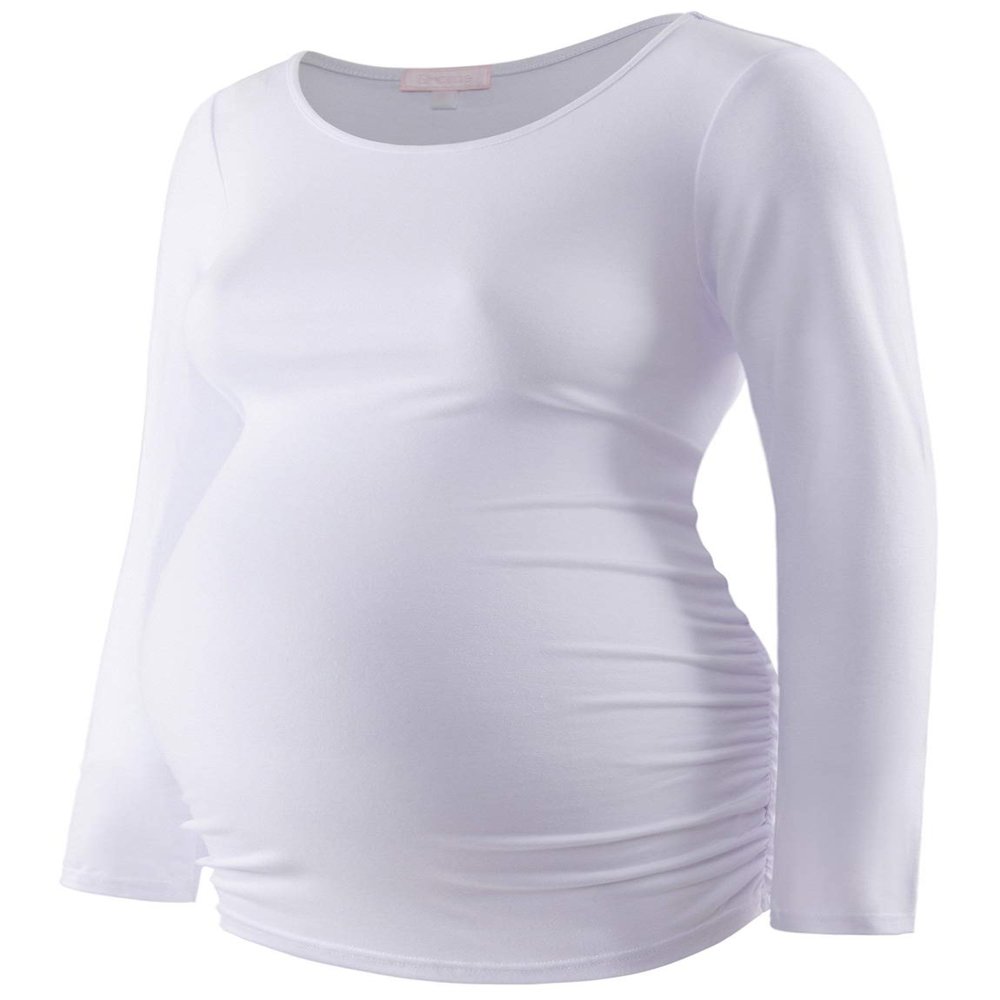 Bhome Maternity Shirt Long Sleeve Basic Top Ruch Sides Bodycon Tshirt for Pregnant Women White L