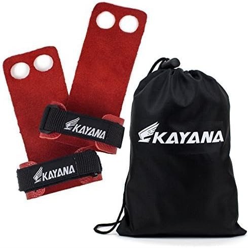 KAYANA 2 Hole Leather Gymnastics Hand Grips - Palm Protection and Wrist Support for Cross Training, Kettlebells, Pull ups, Weightlifting, Chin ups, Workout, & Exercise (Red, Large)