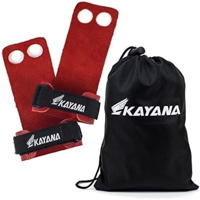 KAYANA 2 Hole Leather Gymnastics Hand Grips - Palm Protection and Wrist Support for Cross Training, Kettlebells, Pull ups, Weightlifting, Chin ups, Workout, & Exercise (Red, Small)