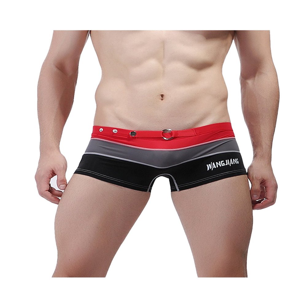 Letuwj Mens Swimming Pants Tricolor Beachwear Striped Trunks Red+Gray+Black X-Small