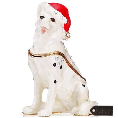 Matashi Hand-Painted Holiday Christmas Dog Trinket Box with Crystals Decorative Christmas Puppy Ornament with Stocking Cap Holiday Jewelry Holder Store Rings, Necklaces, Earrings