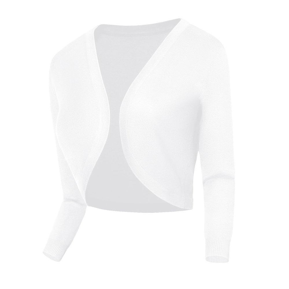 Urban CoCo Women's Cropped Cardigan V-Neck Button Down Knitted Sweater 3/4 Sleeve (L, 2 White)