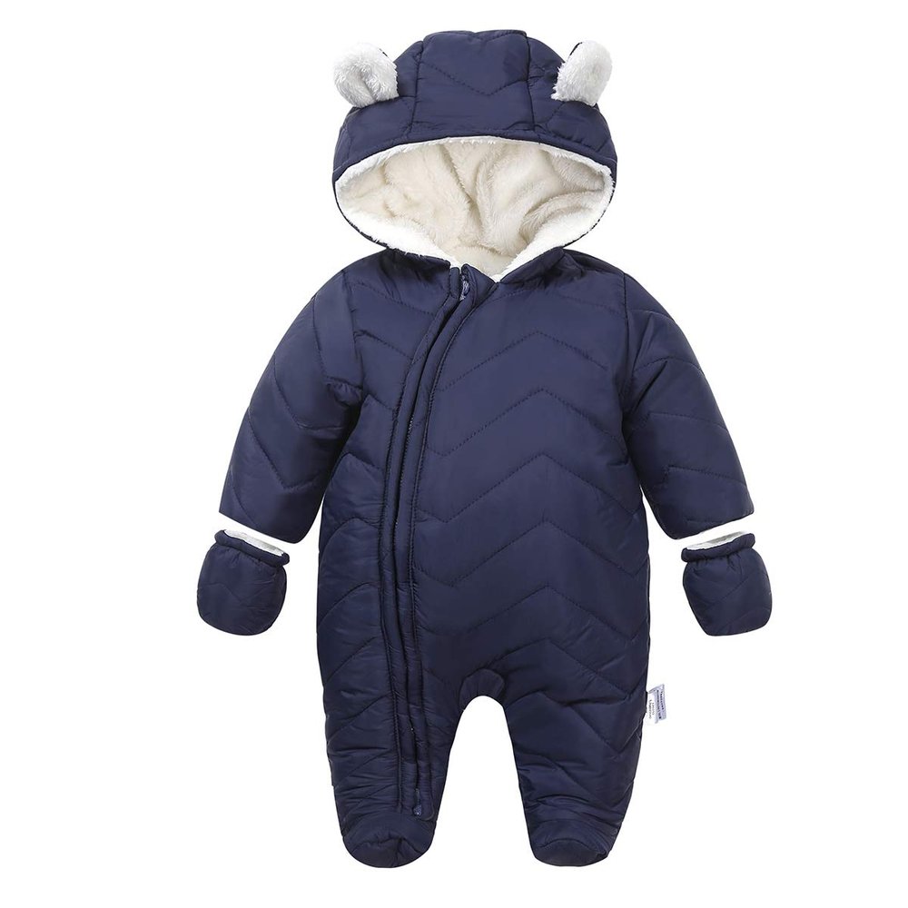 DINGDONG'S CLOSET Baby Boy Girl Winter Hooded Puffer Jacket Snowsuit with Gloves(Navy,6-9M)