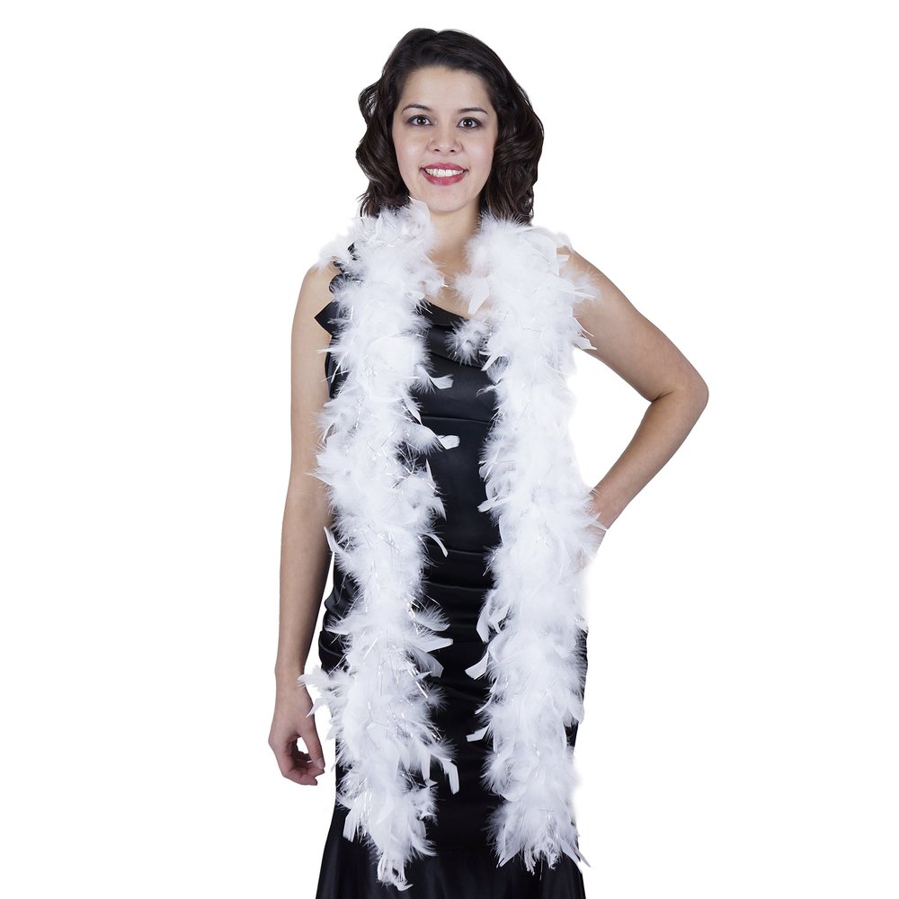 ZUCKER Chandelle Feather Boa - Turkey Feathers with Tinsel 6 Ft - Christmas Decorations - Vibrant Holiday Home Decor - Costume Cosplay Accessory - White/Silver Lurex