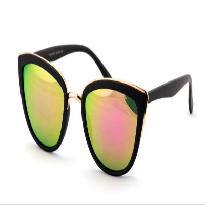 V.W.E. Womens Cat Eye Mirrored Revo Reflective Lenses Oversized Cateyes Sunglasses (Matte Black/Fire Lens)