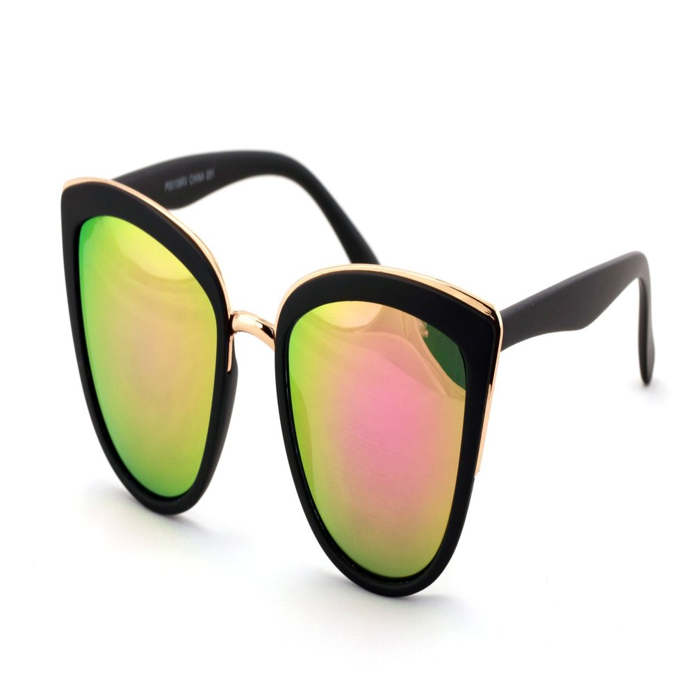 V.W.E. Womens Cat Eye Mirrored Revo Reflective Lenses Oversized Cateyes Sunglasses (Matte Black/Fire Lens)