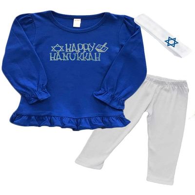 PandoraTees Girls Hanukkah Outfit - Happy Hanukkah (Royal, 12-18m)