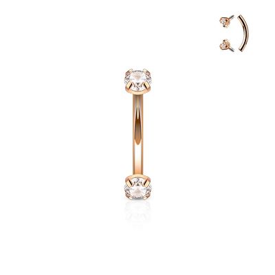 16g (1.2mm) Curved Barbell Prong Round Clear CZ Internally Threaded (316L) Surgical Steel (1 Piece) (8mm Barbell, 3mm CZ) (Rose Gold Plated)