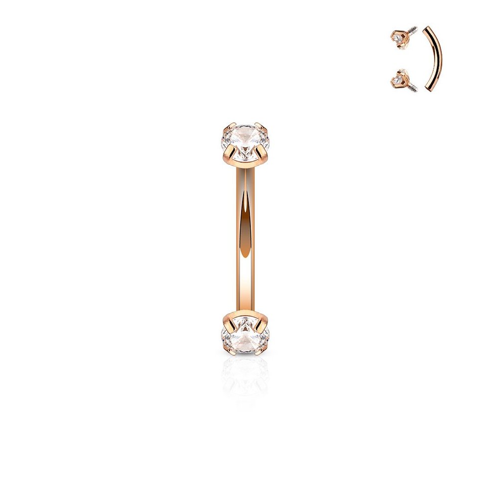16g (1.2mm) Curved Barbell Prong Round Clear CZ Internally Threaded (316L) Surgical Steel (1 Piece) (8mm Barbell, 3mm CZ) (Rose Gold Plated)