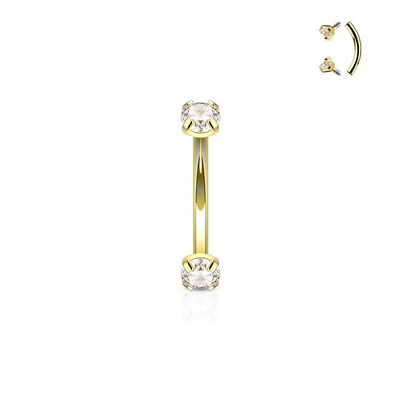 16g (1.2mm) Curved Barbell Prong Round Clear CZ Internally Threaded (316L) Surgical Steel (1 Piece) (8mm Barbell, 3mm CZ) (Yellow Gold Plated)