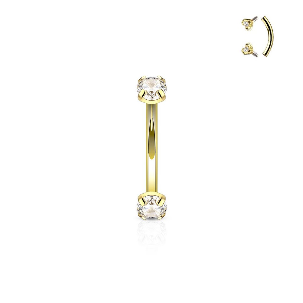 16g (1.2mm) Curved Barbell Prong Round Clear CZ Internally Threaded (316L) Surgical Steel (1 Piece) (8mm Barbell, 3mm CZ) (Yellow Gold Plated)