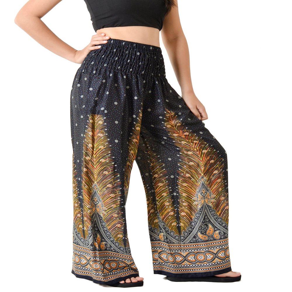 Orient Trail Open Ankle Wide Leg Harem Pants with Pocket - Yoga Flowy Pants for Women X-Large XL Peacock Black