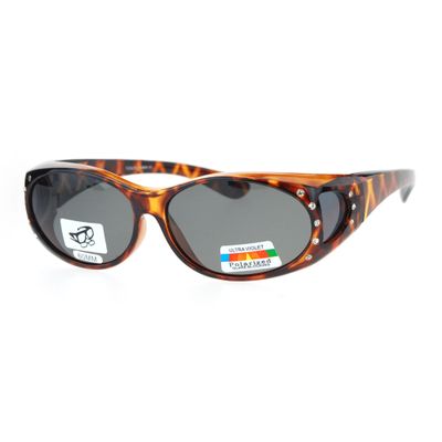 Womens Fit Over Glasses Polarized Sunglasses Oval Rhinestone Frame Tort, Black