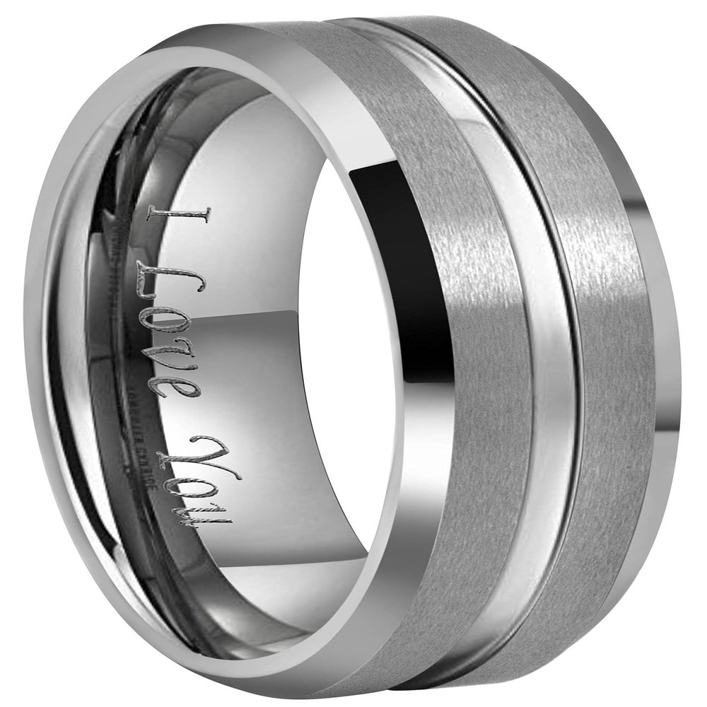 CROWNAL 10mm 8mm 6mm Tungsten Wedding Band Ring Engraved I Love You Men Women Polished Groove Matte Finish Beveled Edges (8mm,15)