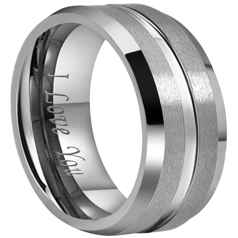 CROWNAL 10mm 8mm 6mm Tungsten Wedding Band Ring Engraved I Love You Men Women Polished Groove Matte Finish Beveled Edges (6mm,11.5)