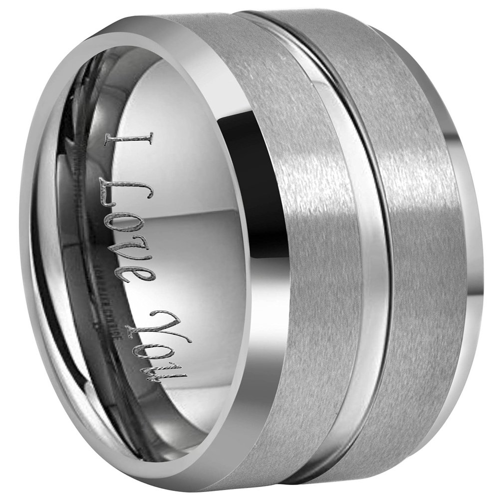 CROWNAL 10mm 8mm 6mm Tungsten Wedding Band Ring Engraved I Love You Men Women Polished Groove Matte Finish Beveled Edges (10mm,17)