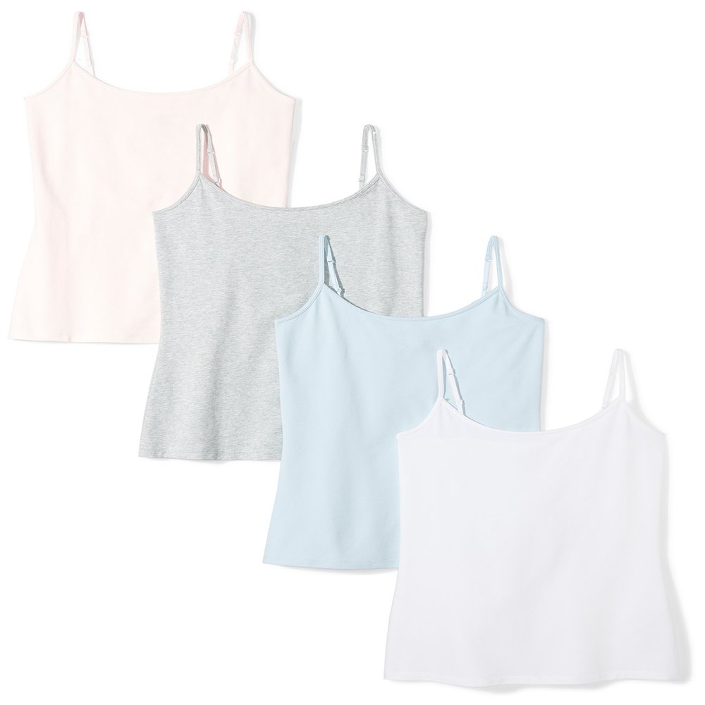 Amazon Essentials Women's Slim-Fit Camisole, Pack of 4, Light Blue/Light Grey Heather/Pale Pink/White, Medium