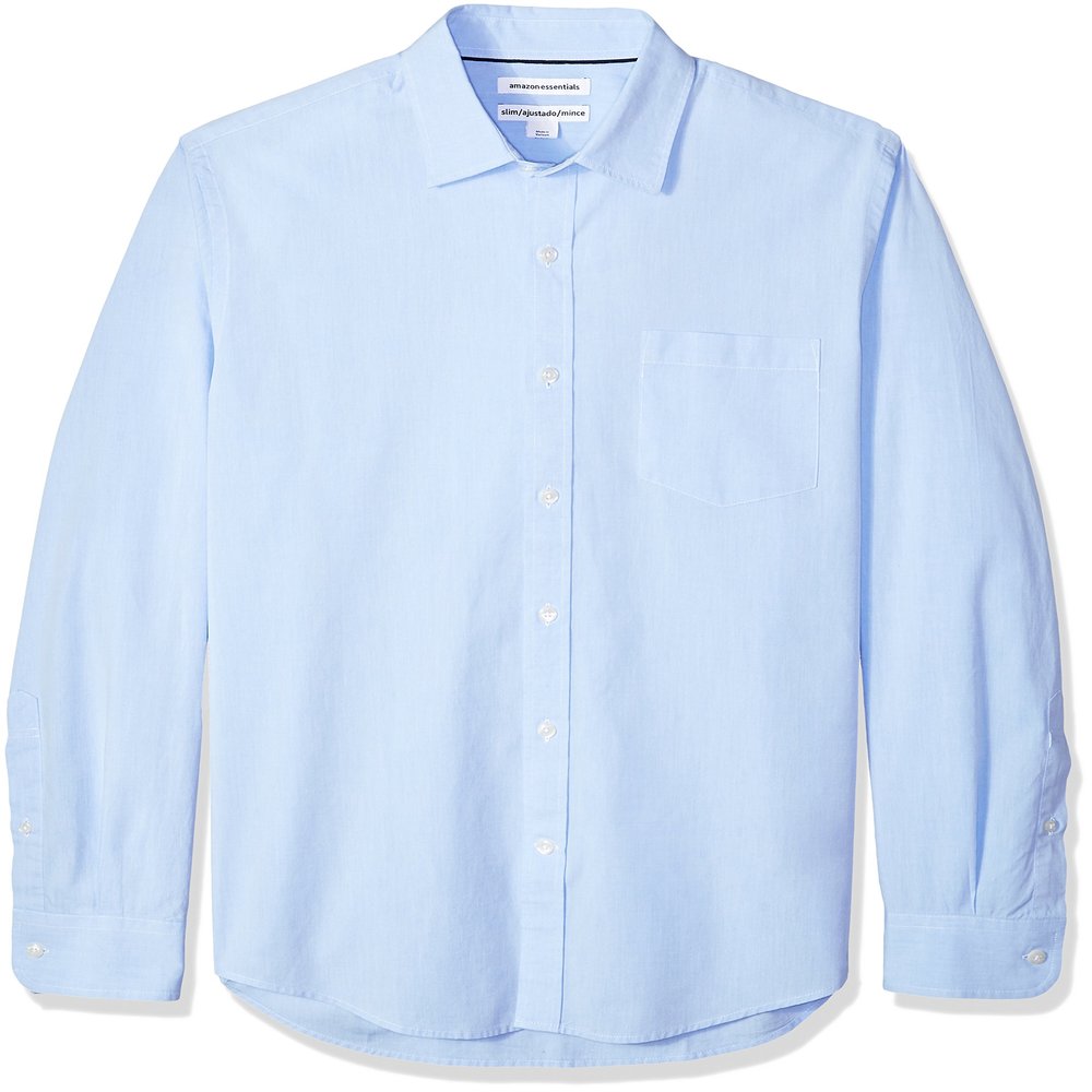 Amazon Essentials Men's Slim-Fit Long-Sleeve Poplin Shirt, Light Blue, Medium