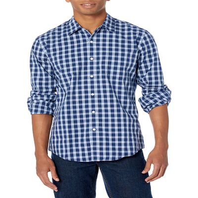 Amazon Essentials Men's Slim-Fit Long-Sleeve Poplin Shirt, Blue Plaid/Red, Large
