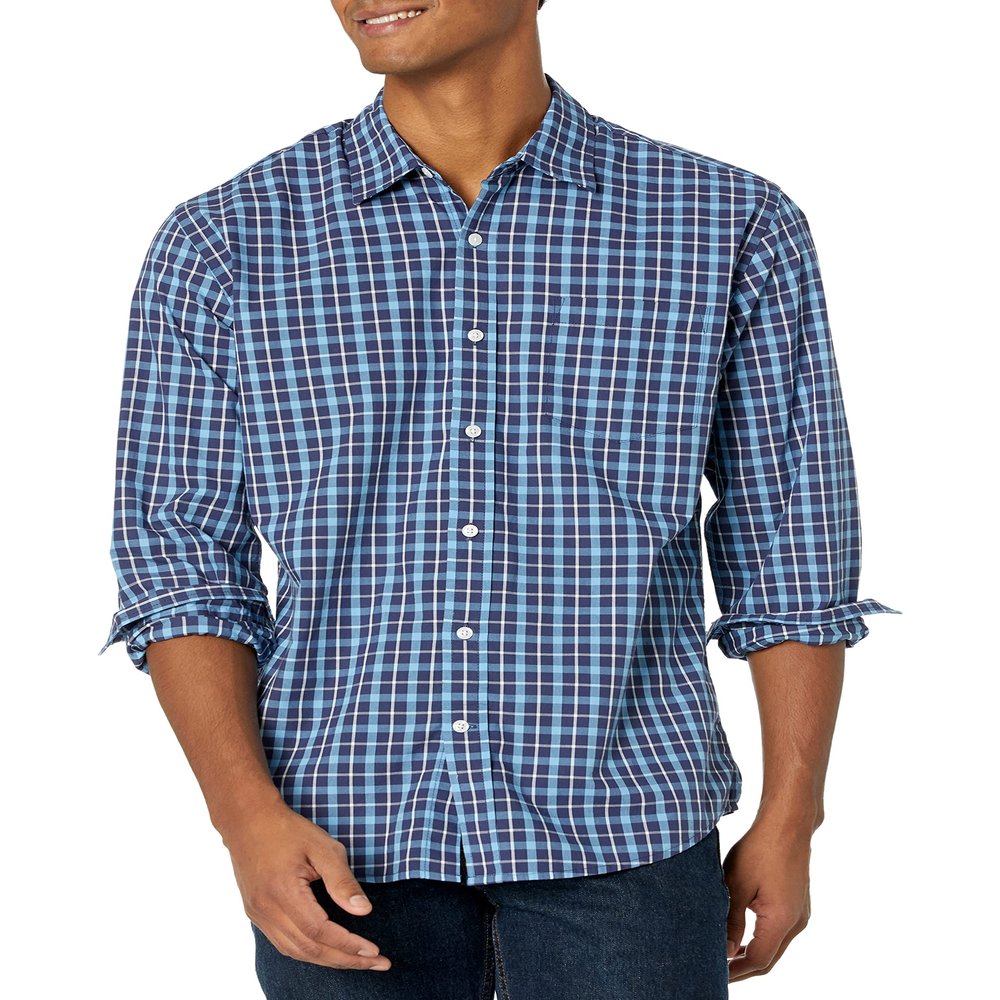 Amazon Essentials Men's Regular-Fit Long-Sleeve Casual Poplin Shirt, Blue Plaid, X-Small