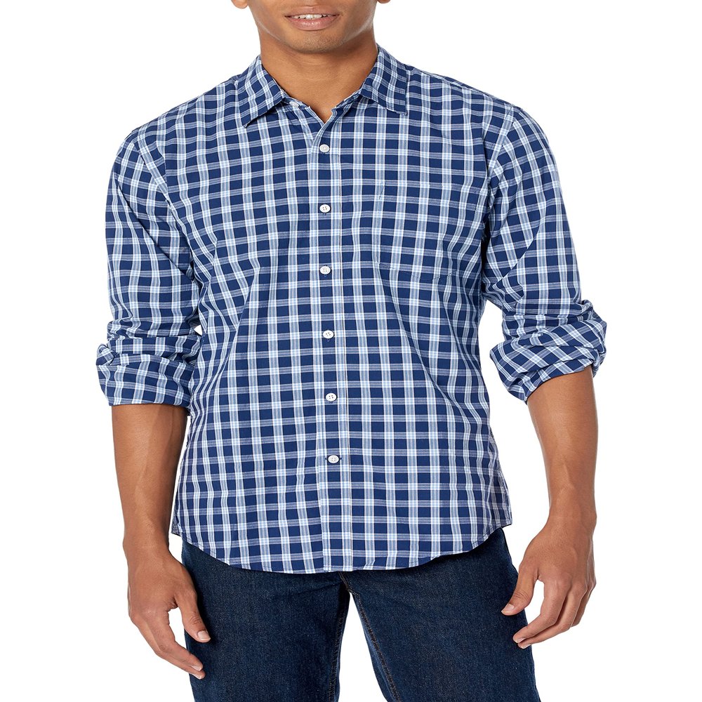 Amazon Essentials Men's Slim-Fit Long-Sleeve Poplin Shirt, Blue Plaid/Red, Small
