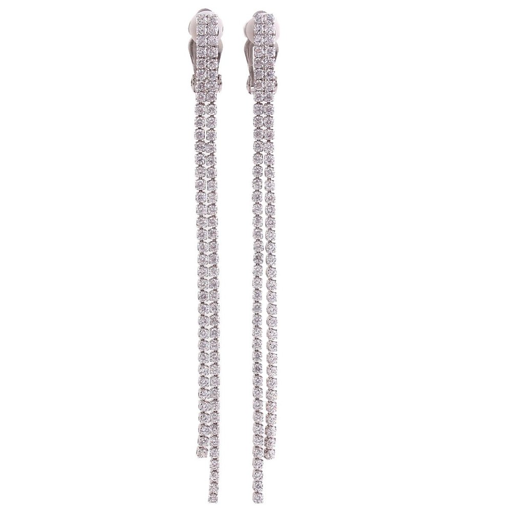 Grace Jun Bridal AAA CZ Tassel Clip on Earrings No Pierced for Women Party Wedding Gorgeous Earrings (2 rows platinum plated)