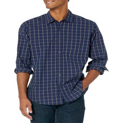 Amazon Essentials Men's Regular-Fit Long-Sleeve Casual Poplin Shirt, Navy Windowpane, Small