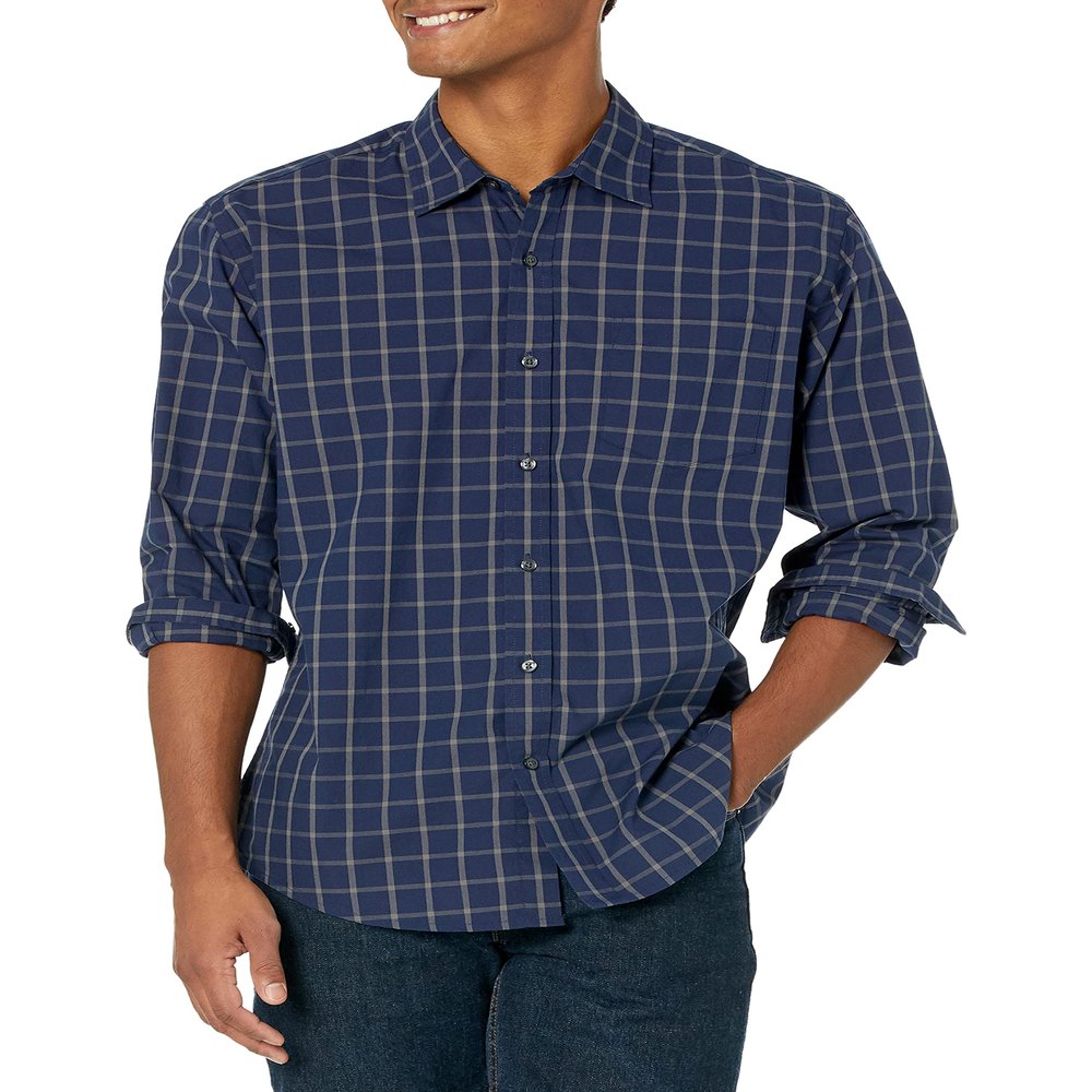 Amazon Essentials Men's Regular-Fit Long-Sleeve Casual Poplin Shirt, Navy Windowpane, Small