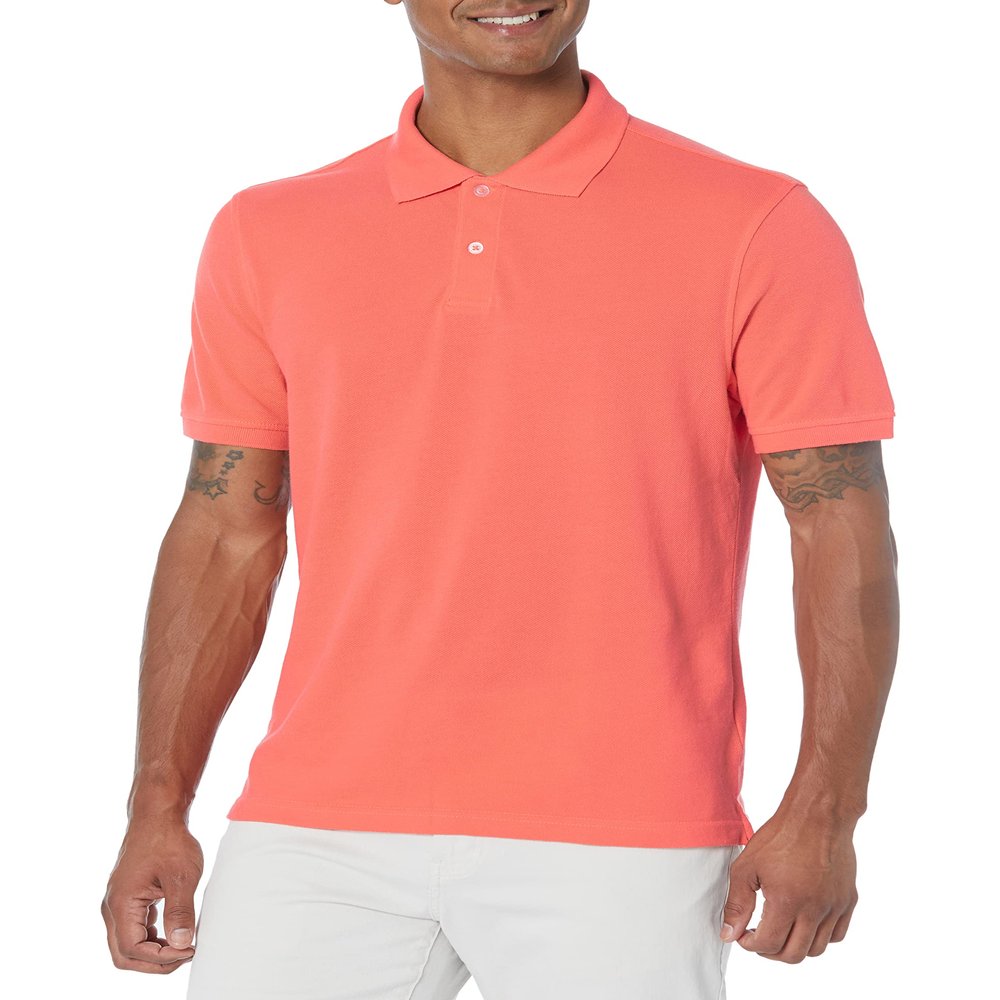 Amazon Essentials Men's Coral Orange Polo Shirts Short Sleeve, Slim-Fit Cotton Pique, Large