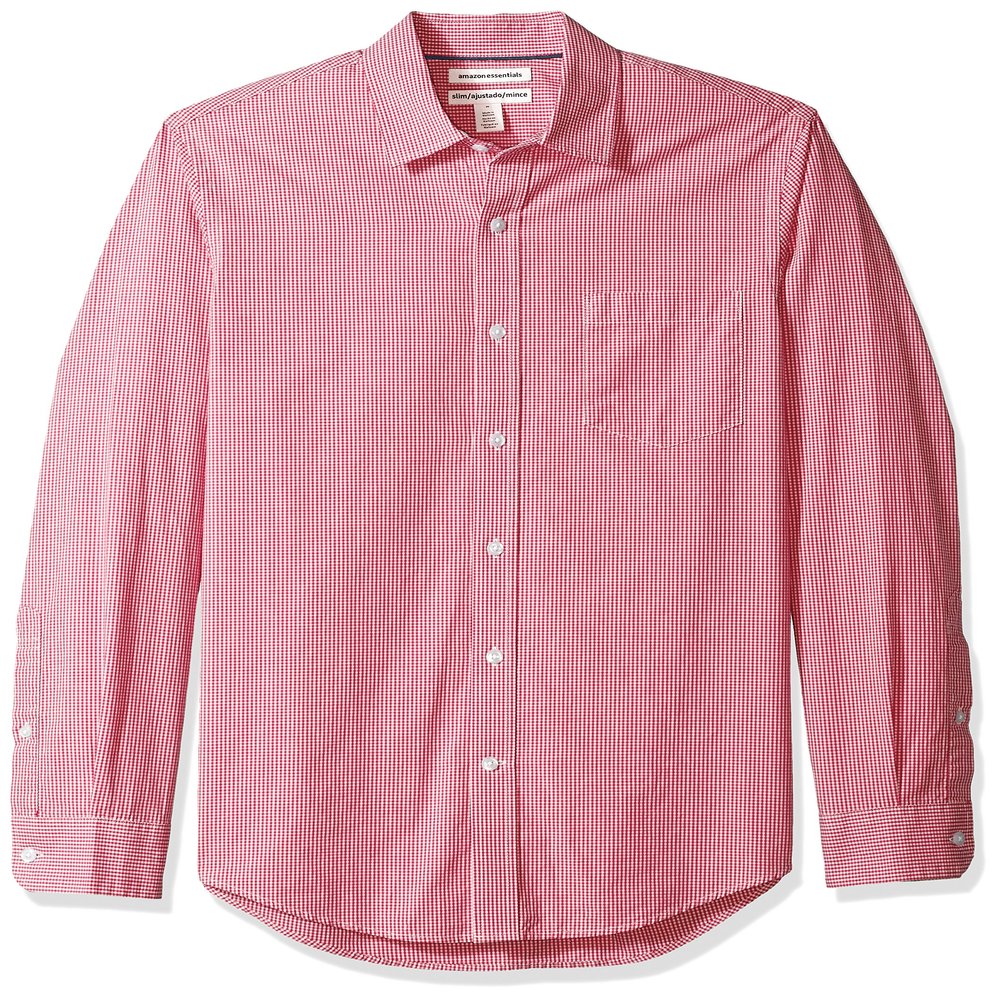 Amazon Essentials Men's Slim-Fit Long-Sleeve Poplin Shirt, Red Gingham, X-Large