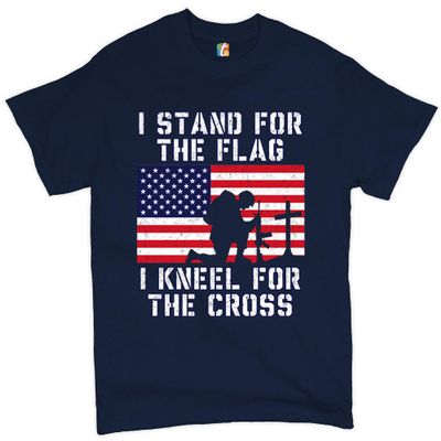 I Stand for The Flag I Kneel for The Cross T-Shirt Patriotic Military Navy Blue Large