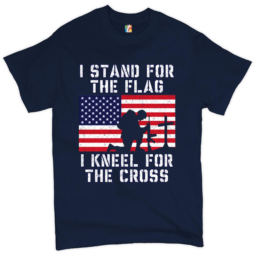 I Stand for The Flag I Kneel for The Cross T-Shirt Patriotic Military Navy Blue Large