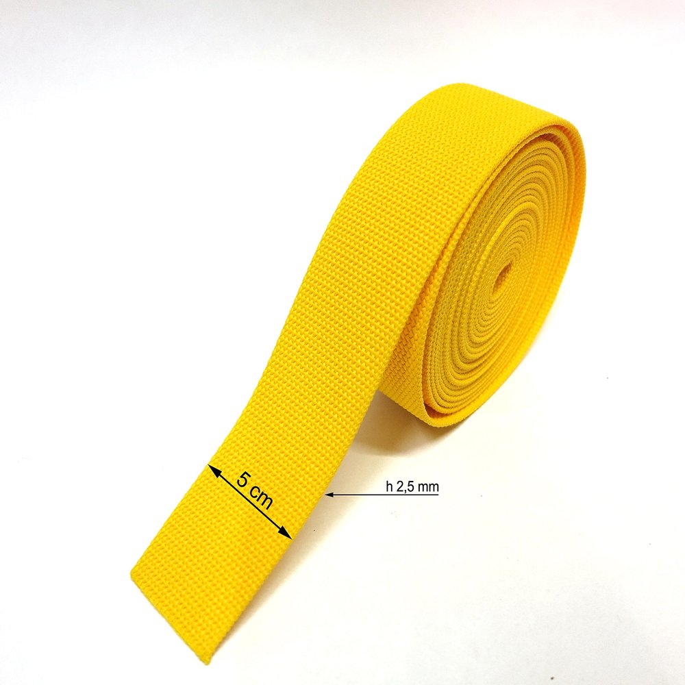 Nylon Yellow Strapping Webbing Material. Wide:1,96 inch (5 cm) - THICKENESS: 0,1inch (2,5 mm) - Lenght: from 2,18 Yard (2 m) to 54,68 Yard (50m) (54,68 Yard (50m))
