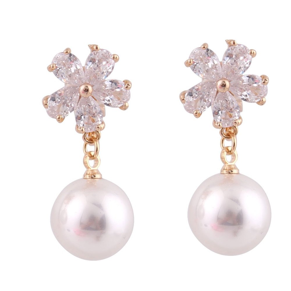 Grace Jun Gold Color or Platinum Plated AAA CZ Simulated Pearl Clip on Earrings No Pierced for Women (274Gold)