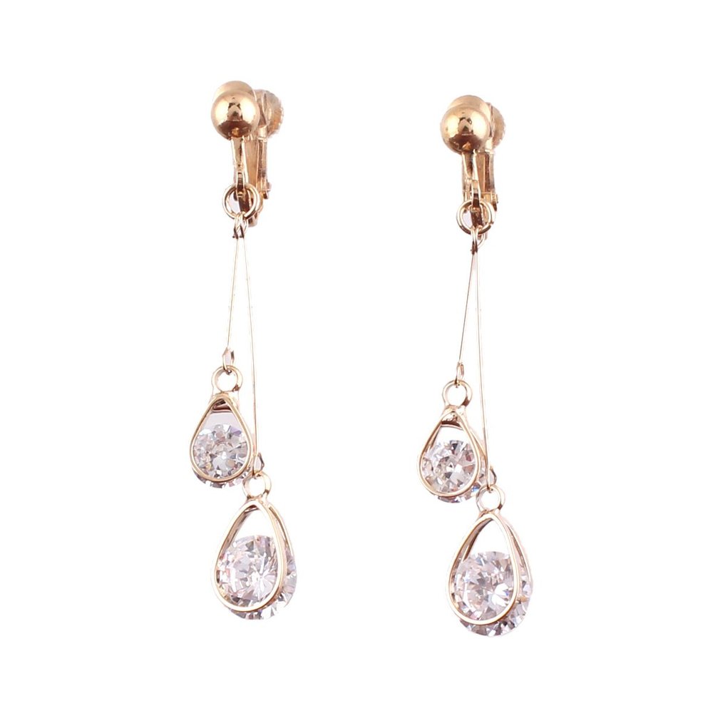 Grace Jun Bridal AAA CZ Water Drop Shape Clip on Earrigs for Women(302Gold Clip-on)