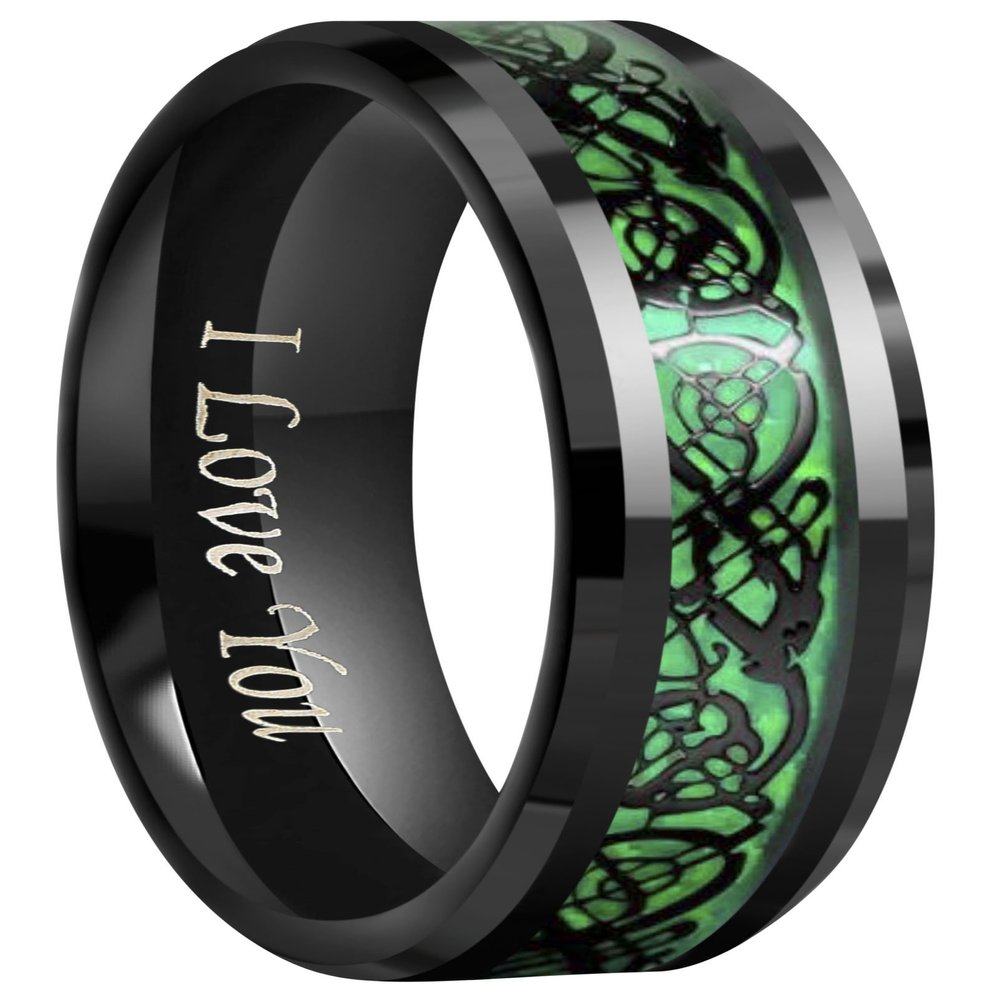 CROWNAL 6mm 8mm Blue/Green Carbon Fiber Black Celtic Dragon Tungsten Carbide Wedding Band Ring Engraved I Love You (8mm,8.5)