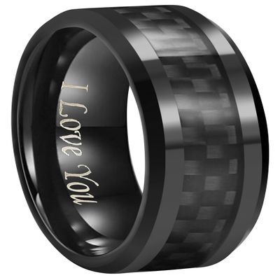 6mm 8mm 10mm Black Carbon Fiber Black Tungsten Carbide Wedding Band Ring Engraved I Love You Men Women (8mm,13)