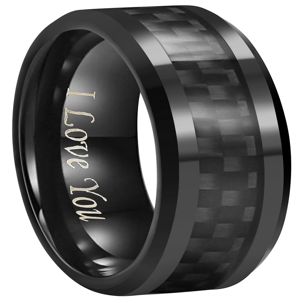 6mm 8mm 10mm Black Carbon Fiber Black Tungsten Carbide Wedding Band Ring Engraved I Love You Men Women (8mm,13)