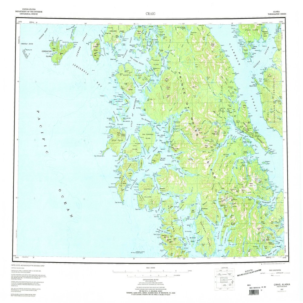 YellowMaps Craig AK topo map, 1:250000 Scale, 1 X 2 Degree, Historical, 1957, Updated 1973, 22.8 x 30.4 in - Tyvek