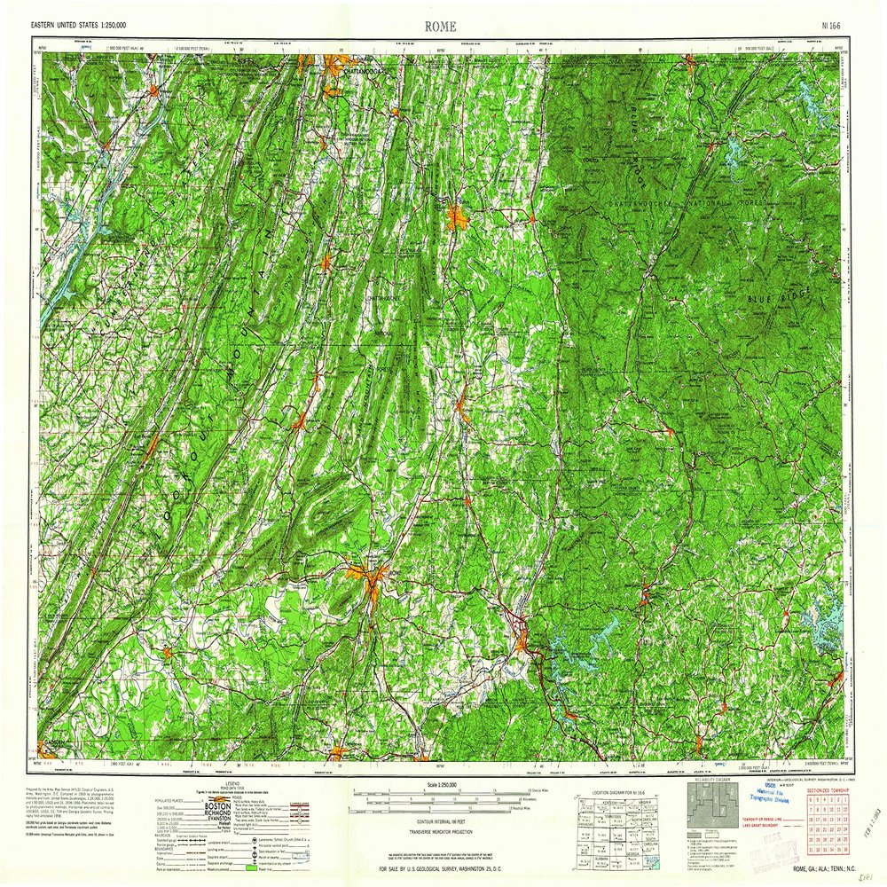 YellowMaps Rome GA topo map, 1:250000 Scale, 1 X 2 Degree, Historical, 1963, 21.9 x 32 in - Paper