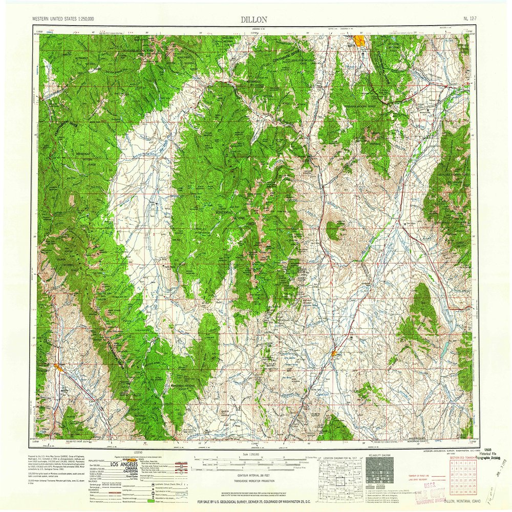 Dillon MT topo map, 1:250000 Scale, 1 X 2 Degree, Historical, 1962, 22.1 x 29.1 in - Tyvek