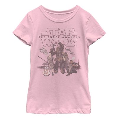 STAR WARS Girl's The Force Awakens Vintage Rebel Collage T-Shirt - Light Pink - Medium