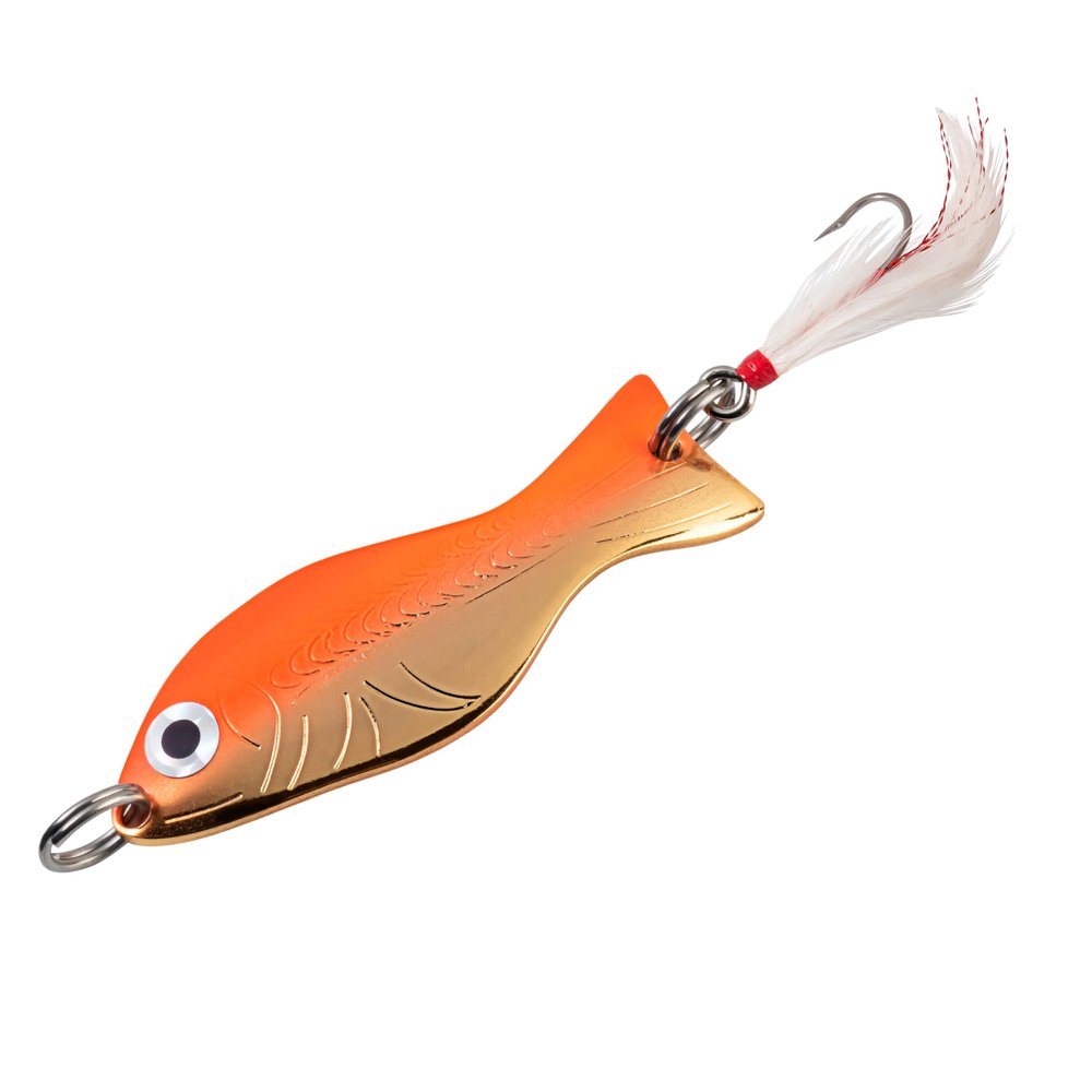 AL's Goldfish Lure Company Saltwater Series Goldfish Fishing Spoons with Hackle Feather and #3/0 VMC J Hook. 3/4 oz. - 4" Overall Length, Gold Orange