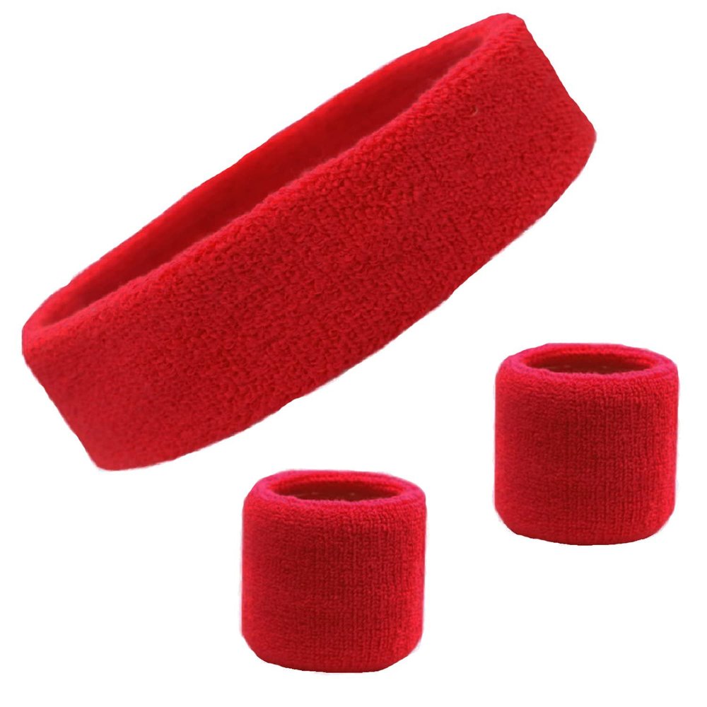Kenz Laurenz Sweatband Set Cotton Sports Headband Terry Cloth Wristband Moisture Wicking Sweat Absorbing Athletic Exercise Basketball Wrist Sweatbands and Headbands (Red) Fits Most