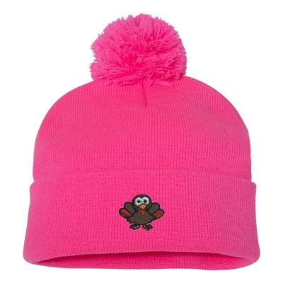Go All Out One Size Neon Pink Pom Turkey Embroidered Knit Beanie Pom Cap
