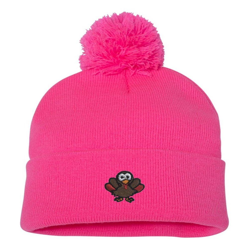 Go All Out One Size Neon Pink Pom Turkey Embroidered Knit Beanie Pom Cap